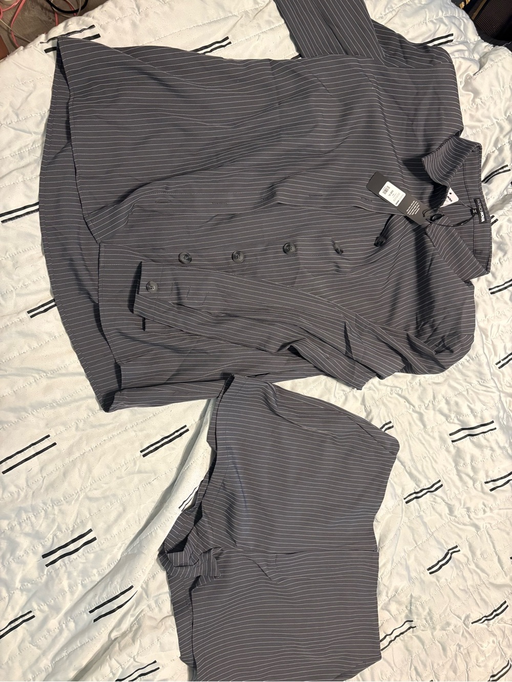 Fashion Nova Grey Pinstripe Button-Up Top